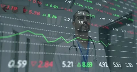 Numeric overlay appearing physician walking corridor checking tablet and Video stock 321070725