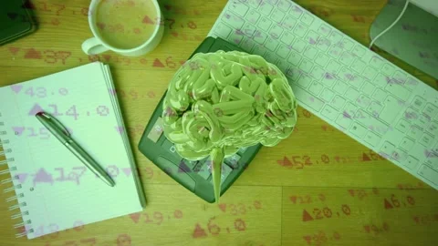 Numeric overlay starting camera pullback, green brain lowering, rotating above Stock-Footage 334881721
