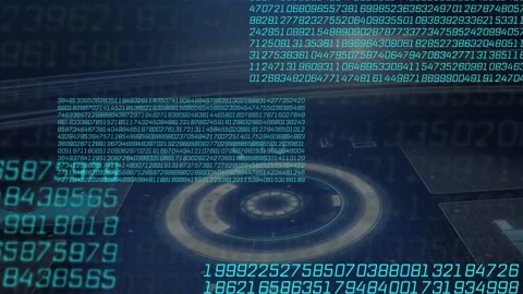 Numeric panels sliding in, concentric ring pulsing while matrices stacking into Stock Footage 335651963