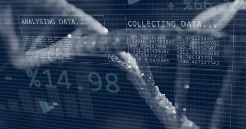 Numeric readout appearing, 3D molecular helix shifting while charts forming for Stock Footage 329114858