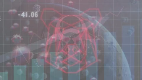 Numeric readout dropping, red emblem pulsing, rotating, teal bars, line Stock Footage 326974357