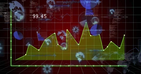Numeric readout starting yellow-green polyline rising on 3D grid, filling area Stock Footage 331165501