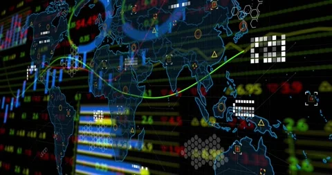 Numeric rows starting candlestick bars, lines, curves moving into neon map, Stock Footage 318259773