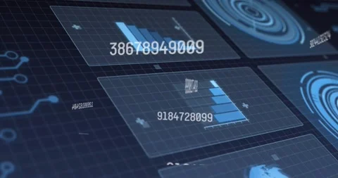 Numeric sequences appearing initiating mid-row HUD tile, filling blue bars and Video stock 328485933
