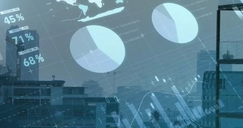 Numeric stock table materializing over skyline, gauges dropping, bars counting, Stockbeeldmateriaal 320287349