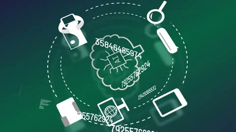 Numeric streams converging, brain AI chip forming and pulling icons into orbit, Stock Footage 334337684