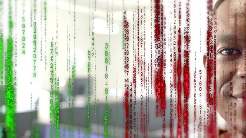 Numeric streams initiating and rising, man opening eyes and smiling in tech Stock Footage 333211037