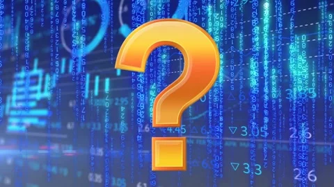 Numeric streams rising, orange 3D question mark entering, centering and flagging Stock Footage 333735087