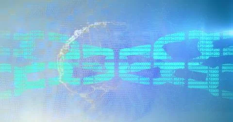 Numeric strings and binary digits covering blue pixel grid with curved globe Stock Photos