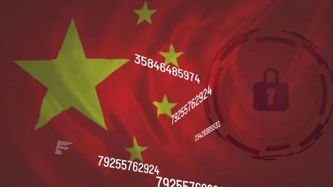 Numeric strings appearing right and flowing diagonal across flag, padlock Video stock 335282181