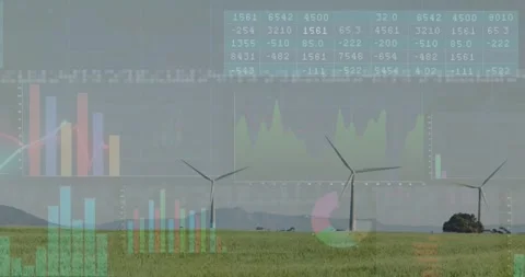 Numeric table appearing over 3 wind turbines, turbines rotating, charts Stock Footage 334036685
