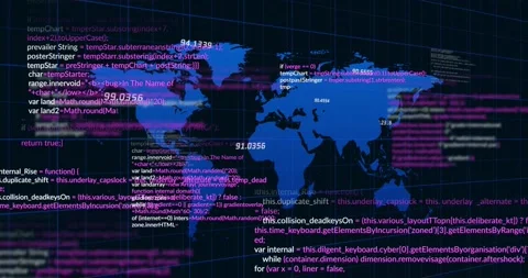 Numeric tags appearing on blue world map sparking magenta streaks, scrolling Stock Footage 331197971