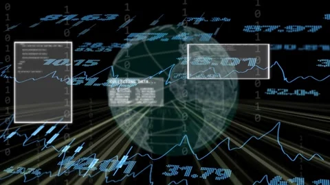 Numeric tickers starting sequence, teal globe rotating while panes collecting Stock Footage 334768655