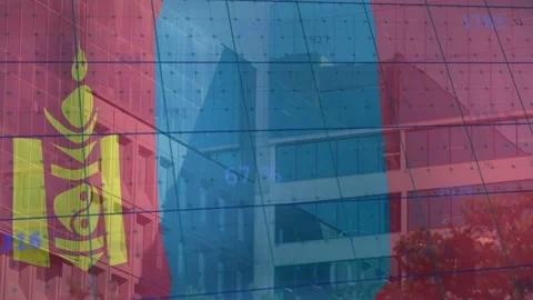 On numeric update Mongolian flag shifting opacity over glass as numbers flashing Stock Footage 335255357