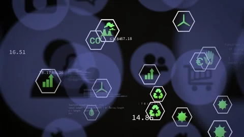 On numeric updates, green hex icons drifting, clustering, updating values to Stock Footage 328446638
