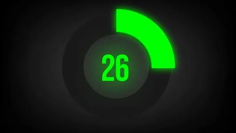 Numerical counting 26. Circular progress bar with bright neon green light in 26. Stock Illustration