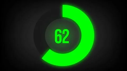 Numerical counting 62. Circular progress bar with bright neon green light in 62. Stock Illustration