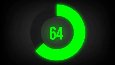 Numerical counting 64. Circular progress bar with bright neon green light in 64. Stock Illustration