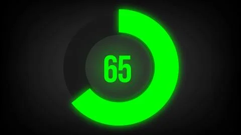 Numerical counting 65. Circular progress bar with bright neon green light in 65. Stock Illustration