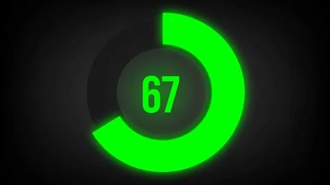 Numerical counting 67. Circular progress bar with bright neon green light in 67. Stock Illustration