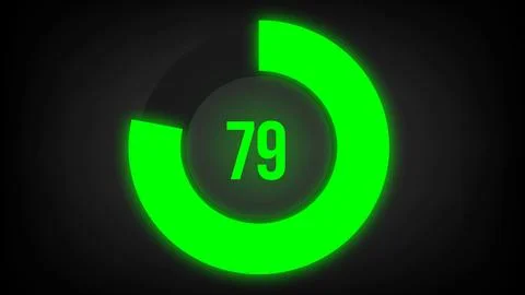 Numerical counting 79. Circular progress bar with bright neon green light in 79. Stock Illustration