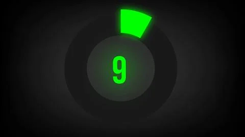 Numerical counting 9. Circular progress bar with bright neon green light in 9. Stock Illustration