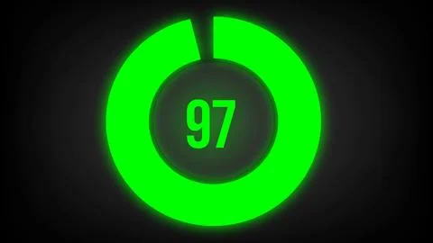Numerical counting 97. Circular progress bar with bright neon green light in 97. Stock Illustration