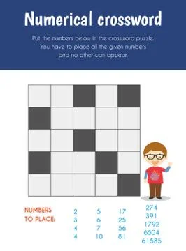 Numerical crossword Educational Sheet. Primary module for Logic Reasoning. 5- Illustrazione stock