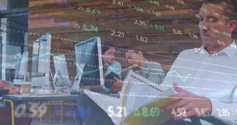 Numerical overlay sliding across screen, man scanning report while team Stockbeeldmateriaal 331380358