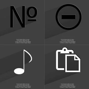 Numero sign, Minus, Note, Tasklist. Symbols with long shadow. Flat design イラスト素材