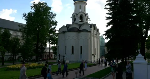 Numerous architectural structures of the Trinity-Sergius Lavra, the congregation Stock Footage 67696662