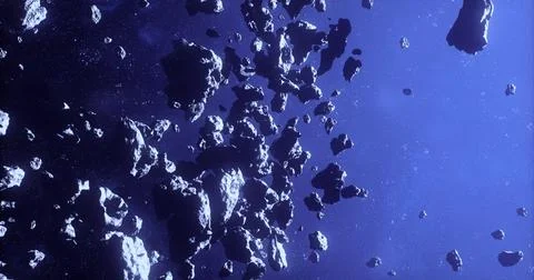 Numerous asteroids floating in the vastness of space against a dark backgroun Stock Illustration