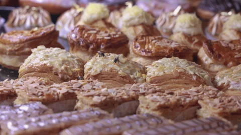 Numerous bees crawling on fresh sweet pastries in a Moroccan patisserie. In Stock Footage 336059612