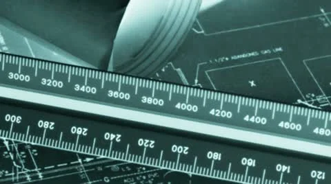 Numerous blueprints and drafting rule Stock Footage 21306321