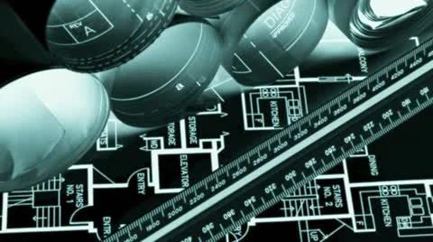 Numerous blueprints and drafting rule Stock Footage 21306424