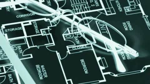 Numerous blueprints, reading glasses and a pencil Stock Footage 21306344
