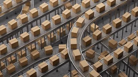 Numerous cardboard boxes moving on roller conveyor system Stock Illustration