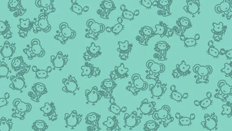 Numerous cartoon animals in a fun array on a light teal background Stock Footage 322879484