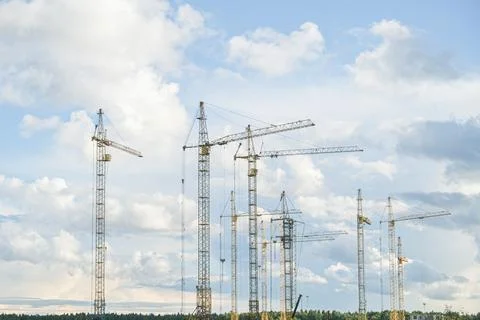 Numerous construction cranes extending into the sky over a forest, symbolizing Stock Photos