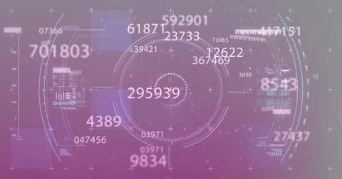 Numerous digital numbers and graphics floating on purple background Stock Photos