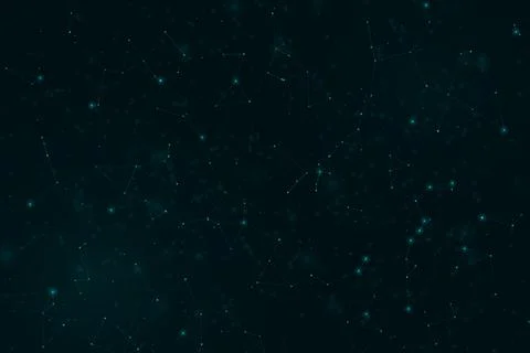 Numerous faint geometric clusters and glowing points drift across a deep at.. Stock Illustration