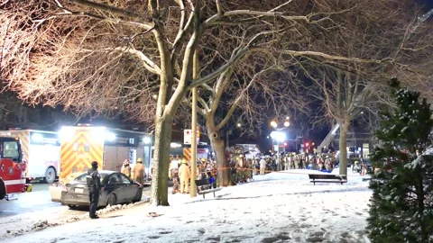 Numerous firefighters during winter Stock Footage 139663867