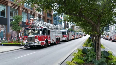Numerous firetrucks parked Stock Footage 95734984
