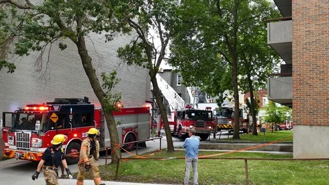 Numerous firetrucks at working fire Stockbeeldmateriaal 116713946