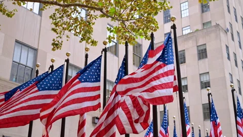 Numerous flagstaffs with American flags flapping in the wind outdoors. Stock Footage 321183271