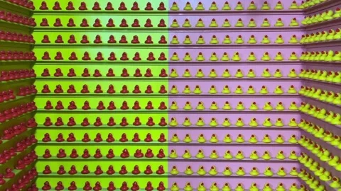 Numerous plastic ducks in rows on colorful shelves Vídeo Stock 276680967