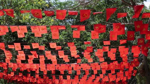 Numerous red socialist flags hanging between green tree. Stock Footage 276895538