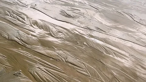 Numerous streams flow along a sandy beach at low tide in the English Channel. Stock Footage 311955364