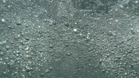 Numerous underwater air bubbles move through seawater beneath the surface. Dynam Stock Footage 340150153