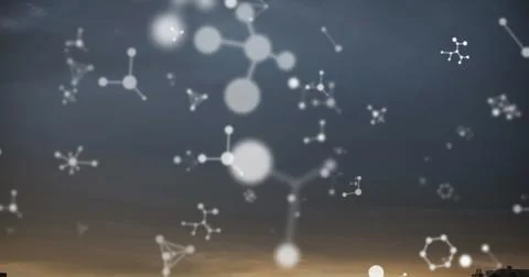 Numerous white molecular structures are floating against dark, cloudy sky Stock Illustration